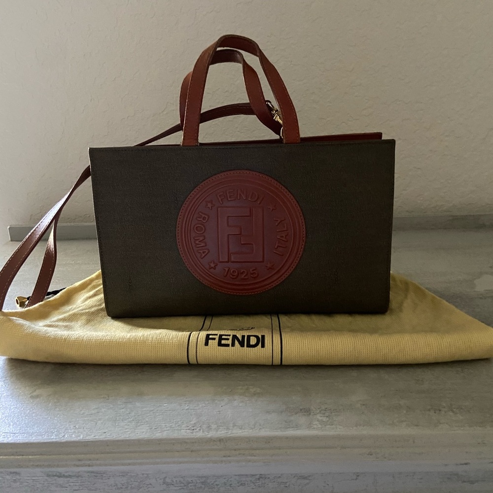 Fendi Brown and Burgundy Logo Leather Tote Bag